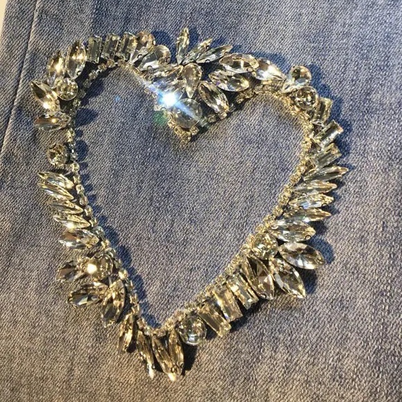 Lena Vie Swarowski Crystal High Stretch Lux 3 Heart Jeans, Light Crop, Raw Edge - Picture 2 of 8